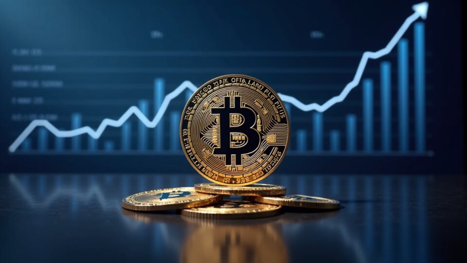 Escena fotorrealista de sala de redacción con una moneda Bitcoin, el sello del DOJ y un gráfico ascendente.