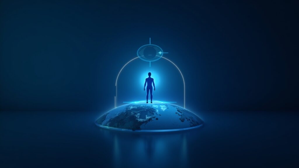 Persona con holograma de escaneo de iris sobre un globo, logotipos de Worldcoin y World ID en una sala de redacción cripto azul.