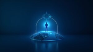 Persona con holograma de escaneo de iris sobre un globo, logotipos de Worldcoin y World ID en una sala de redacción cripto azul.