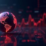 Escritorio de trading futurista con un globo de Worldcoin luminoso, un gráfico rojo de caída del 21% y iconos de tasas de financiación negativas que señalan beneficios para bajistas.