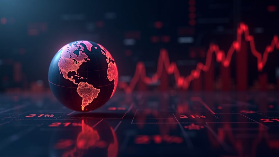 Escritorio de trading futurista con un globo de Worldcoin luminoso, un gráfico rojo de caída del 21% y iconos de tasas de financiación negativas que señalan beneficios para bajistas.
