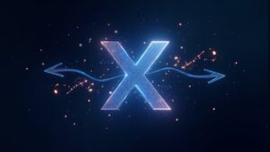 Fotoperiodismo cripto: X bloquea red de tokens brillante entre fragmentos de basura de IA y flechas hacia Threads y Bluesky.