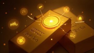 Primer plano de una barra de oro con una superposición de token translúcida, interfaz de trading 24/7, resplandor digital e íconos regulatorios.