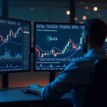Sala de redacción cripto fotorrealista; analista centrado; precio de XLM, flujo on-chain y divergencia cerca de 0.210-0.230.