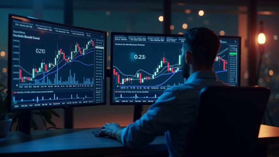 Sala de redacción cripto fotorrealista; analista centrado; precio de XLM, flujo on-chain y divergencia cerca de 0.210-0.230.