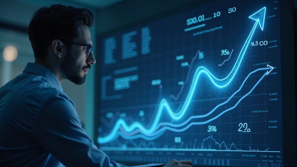 Analista de la sala de prensa junto a un gráfico holográfico del precio de XRP que sube de 3.5 a 10, con iconos regulatorios y flechas de liquidez.