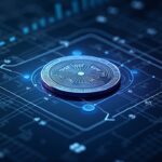Moneda XRP fotorrealista centrada en un escritorio de trading de alta tecnología con flechas de liquidación reflejadas, telón de fondo de rejilla de neón, precio 2.12.