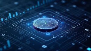 Moneda XRP fotorrealista centrada en un escritorio de trading de alta tecnología con flechas de liquidación reflejadas, telón de fondo de rejilla de neón, precio 2.12.