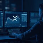 Encabezado fotorrealista de sala de redacción cripto: operador en un escritorio elegante con XRP cerca de 1.88 y un interés abierto en derivados en aumento, y un fondo digital del mercado.