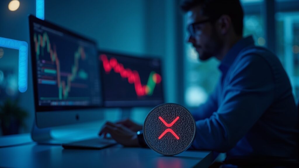 Moneda realista de XRP con un gráfico descendente rojo y medias móviles en una pantalla; operador concentrado en una sala de trading azul.