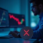 Moneda realista de XRP con un gráfico descendente rojo y medias móviles en una pantalla; operador concentrado en una sala de trading azul.