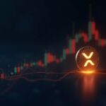 Moneda XRP fotorrealista acercándose a una barrera de $2 brillante en un gráfico de profundidad de mercado, con saldos de exchanges reduciéndose en el fondo.