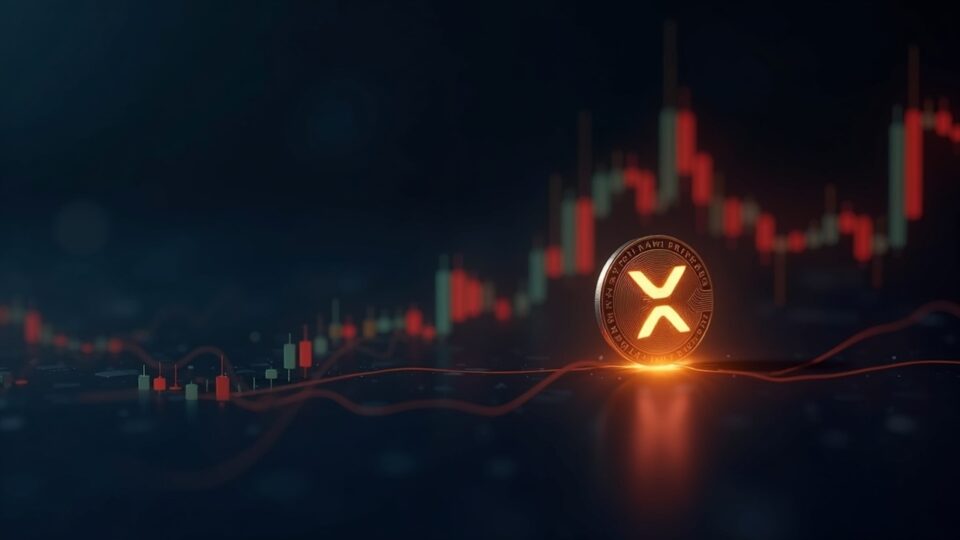 Moneda XRP fotorrealista acercándose a una barrera de $2 brillante en un gráfico de profundidad de mercado, con saldos de exchanges reduciéndose en el fondo.