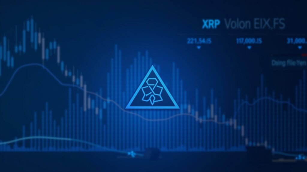 Logotipo de XRP sobre un triángulo descendente en un gráfico de precios con visuales de datos on-chain y flechas de salida de ETF bajo iluminación azul.