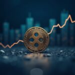 Moneda XRP fotorrealista rompe una línea de tendencia descendente con gráficos institucionales en alza e imágenes regulatorias.