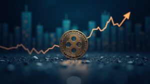 Moneda XRP fotorrealista rompe una línea de tendencia descendente con gráficos institucionales en alza e imágenes regulatorias.