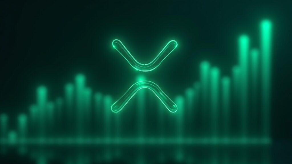 XRP en el centro con un gráfico de precios verde en ascenso, barras de volumen altas y líneas brillantes que señalan flujos de ETF institucionales.