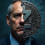 Retrato fotorrealista de un líder corporativo frente a un logo de Zcash fracturado, con nodos de blockchain en el fondo.