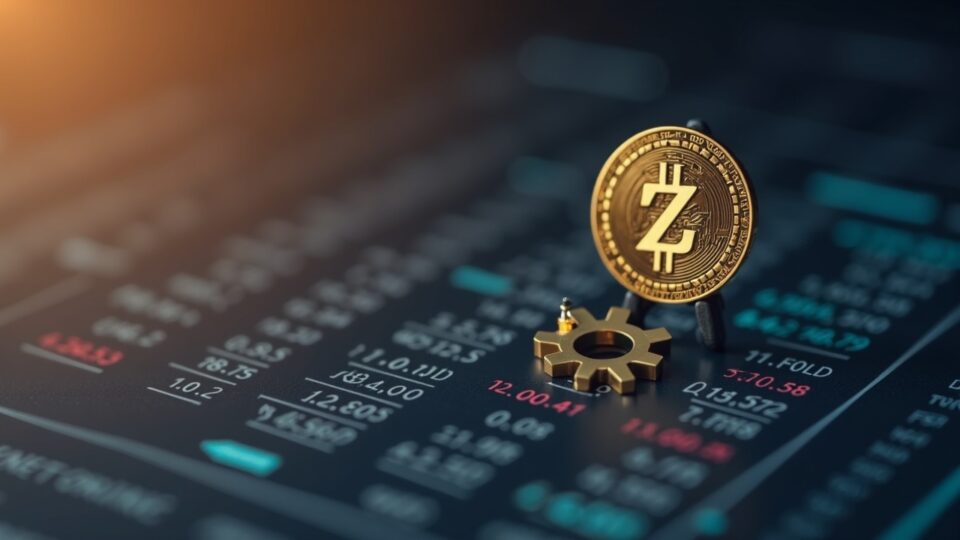 Logotipo fotorrealista de Zcash que se eleva sobre un tenue libro de órdenes de intercambio, un contundente 500 señala la liquidez fuera de los intercambios.