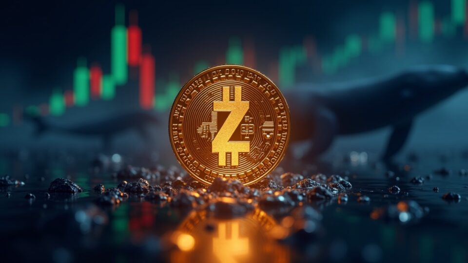 Primer plano de una moneda ZEC brillante con un gráfico que muestra una línea de $300 y siluetas de ballenas, señalando incertidumbre.