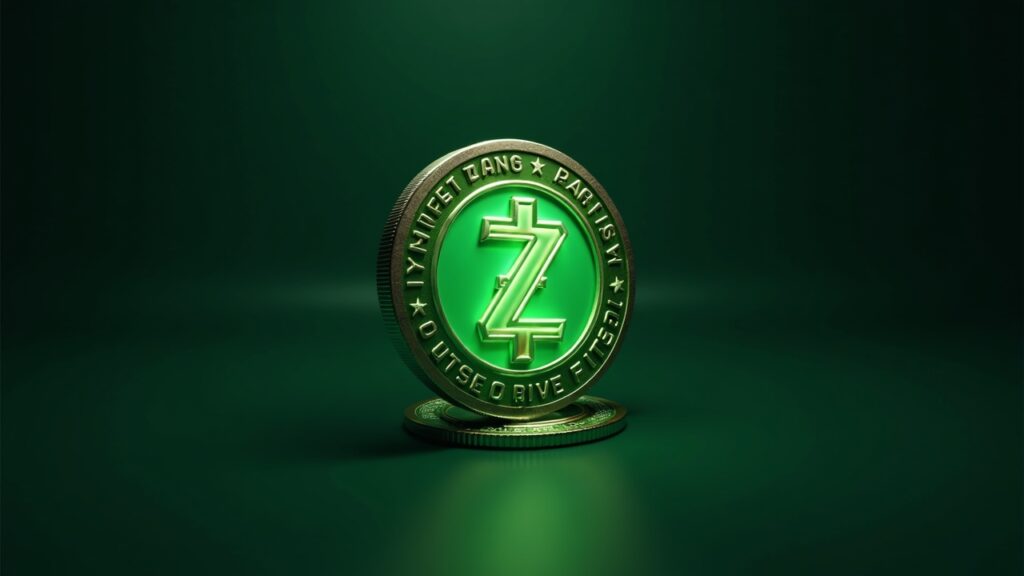 Moneda Zcash fotorrealista centrada con un resplandor de marca de verificación verde, sello de la SEC desvaneciéndose en un telón de fondo de sala de redacción.