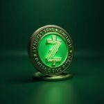 Moneda Zcash fotorrealista centrada con un resplandor de marca de verificación verde, sello de la SEC desvaneciéndose en un telón de fondo de sala de redacción.