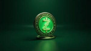 Moneda Zcash fotorrealista centrada con un resplandor de marca de verificación verde, sello de la SEC desvaneciéndose en un telón de fondo de sala de redacción.
