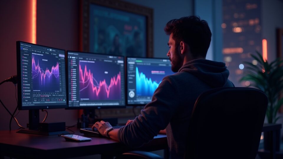 Comerciante fotorrealista en un escritorio, las pantallas muestran valores de ZReaL en alza, billeteras luminosas y una placa de acceso para personal interno.