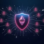 Cabecera fotorrealista de sala de redacción: escudo de Aave absorbe liquidaciones de ETH con líneas de red brillantes y logotipos de Ethereum.
