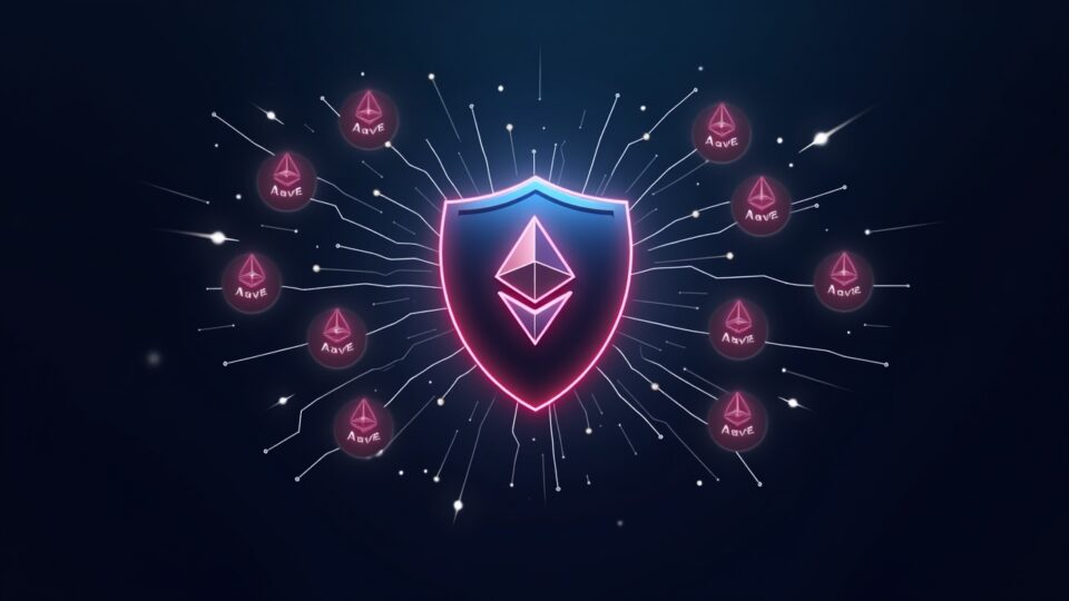 Cabecera fotorrealista de sala de redacción: escudo de Aave absorbe liquidaciones de ETH con líneas de red brillantes y logotipos de Ethereum.