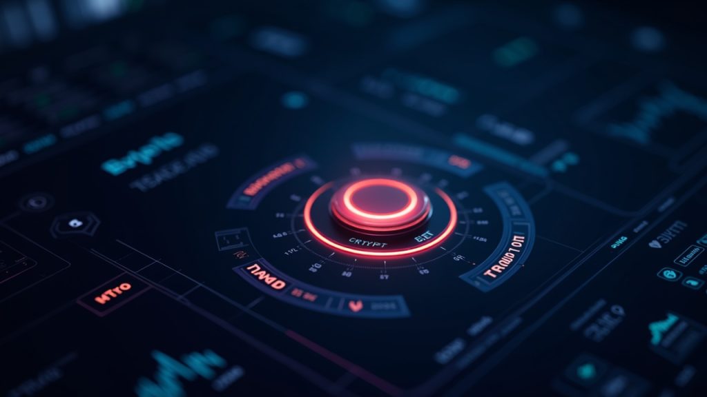 Puesto de trading futurista con un botón brillante de un solo clic que conecta cripto y TradFi, interfaz estilo MT5 y tickers de acciones tokenizadas.