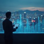 Analista en Hong Kong estudia gráficos de criptomonedas holográficos en medio de barras de liquidez en aumento e íconos regulatorios