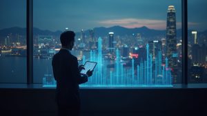 Analista en Hong Kong estudia gráficos de criptomonedas holográficos en medio de barras de liquidez en aumento e íconos regulatorios