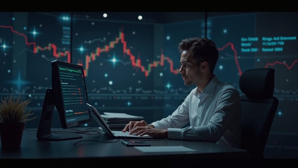 Mesa de operaciones fotorrealista, analista concentrado; COIN holográfico desvaneciéndose, Bullish en alza y telón de fondo de red blockchain.