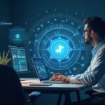 Inversor fotorrealista revisa gráficos de acciones cripto con hologramas de Coinbase, Robinhood y CoreWeave alrededor de un gráfico de token.