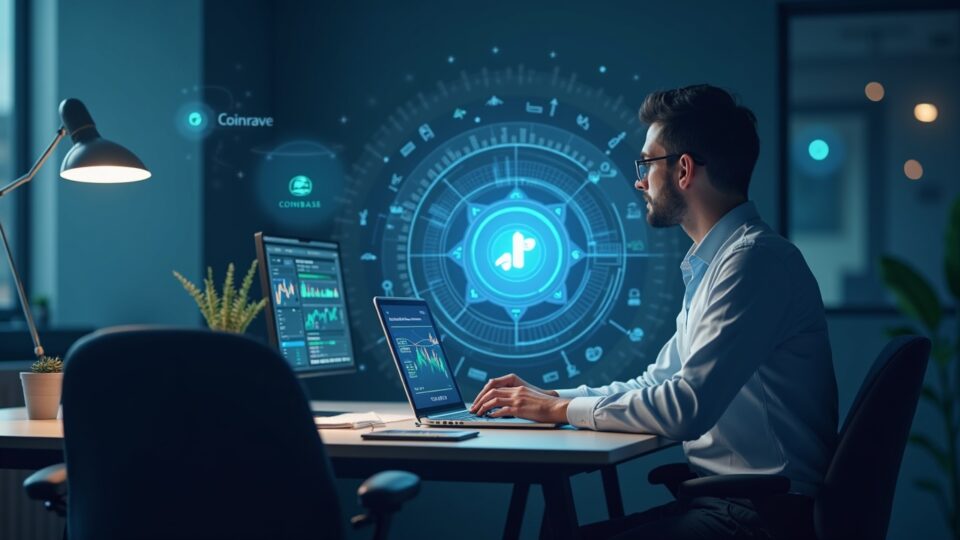 Inversor fotorrealista revisa gráficos de acciones cripto con hologramas de Coinbase, Robinhood y CoreWeave alrededor de un gráfico de token.