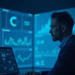Analista fotorrealista en una sala de redacción moderna revisando gráficos holográficos de criptomonedas y gráficos fintech en tonos azules fríos.