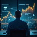 Inversor sénior fotorrealista en un elegante escritorio con un Bitcoin holográfico por debajo de 66k y los canales de tokenización de Robinhood.