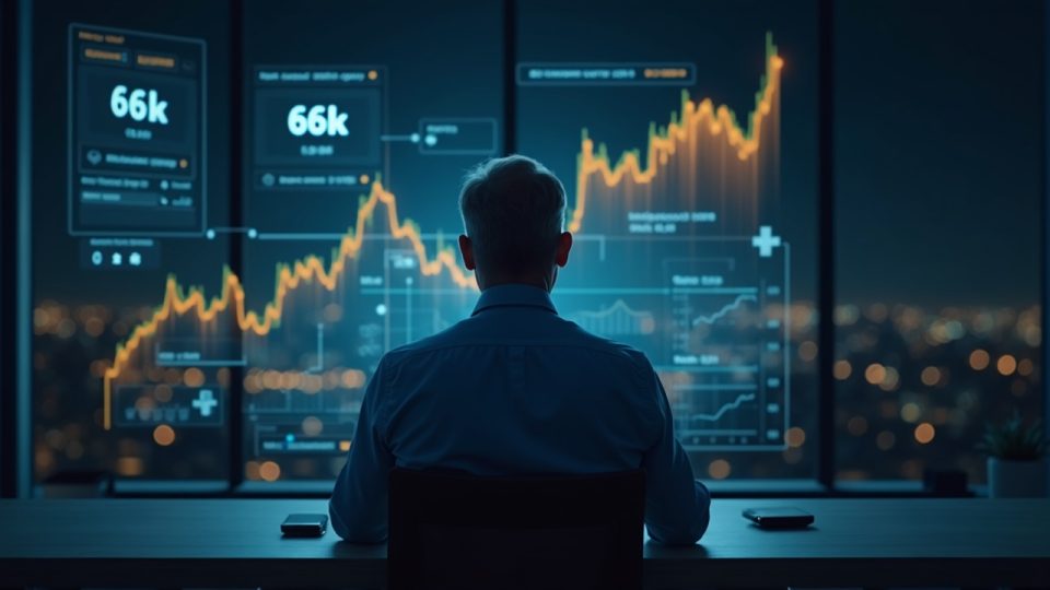 Inversor sénior fotorrealista en un elegante escritorio con un Bitcoin holográfico por debajo de 66k y los canales de tokenización de Robinhood.