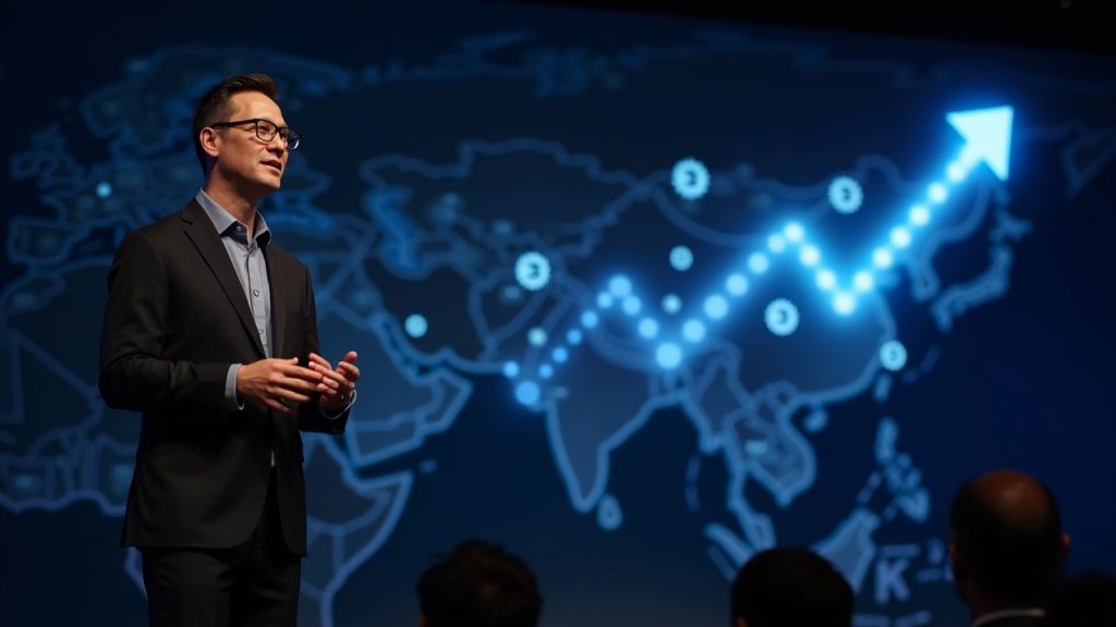Ejecutivo fotorealista de BlackRock en el escenario en Asia, con un mapa de Asia iluminado y iconos cripto en ascenso formando una flecha de 2T.