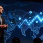 Ejecutivo fotorealista de BlackRock en el escenario en Asia, con un mapa de Asia iluminado y iconos cripto en ascenso formando una flecha de 2T.