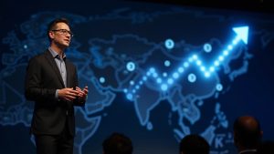 Ejecutivo fotorealista de BlackRock en el escenario en Asia, con un mapa de Asia iluminado y iconos cripto en ascenso formando una flecha de 2T.