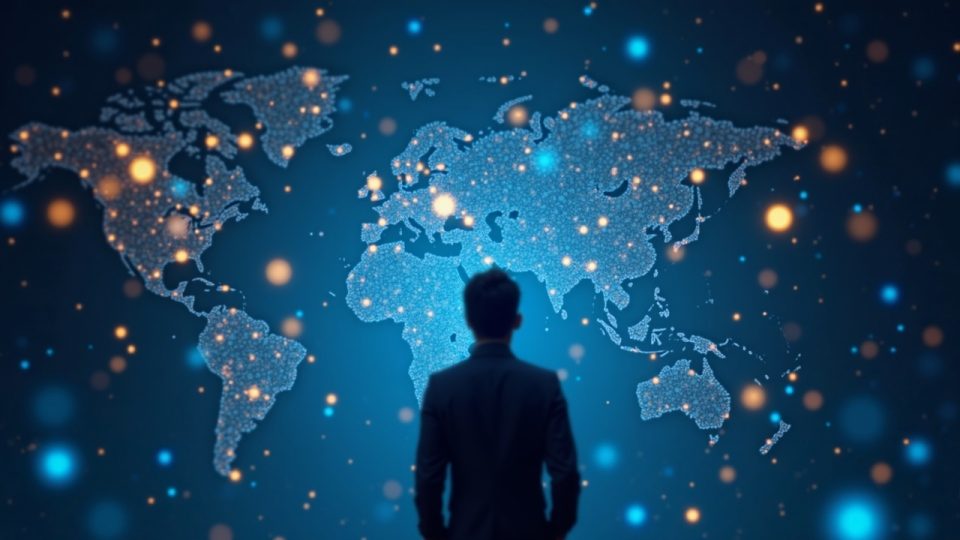 Figura central frente a una cuadrícula luminosa de pagos on‑chain con los sellos de Hong Kong y Singapore.