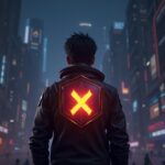 Jugador fotorrealista con emblema Axie brillante y escudo bAXS entre código blockchain y mercados dentro del juego.