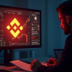 Logotipo fotorrealista de Binance en un monitor luminoso con alerta roja, flujos de USDT basados en Tron vinculados a Iran, y un auditor de cumplimiento sombrío