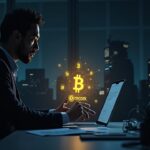 Auditor cripto en un escritorio con un libro mayor holográfico que muestra una reserva de bitcoin del 101% e íconos de prueba zk, silueta de Binance.