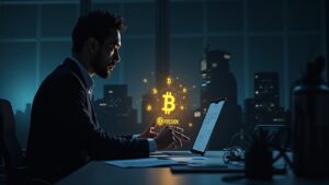 Auditor cripto en un escritorio con un libro mayor holográfico que muestra una reserva de bitcoin del 101% e íconos de prueba zk, silueta de Binance.