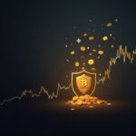 Escena de sala de prensa con la silueta de un operador, monedas BTC fluyendo desde un escudo SAFU hacia un gráfico ascendente.