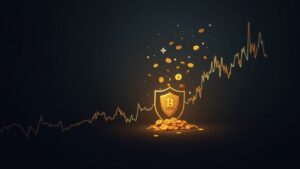 Escena de sala de prensa con la silueta de un operador, monedas BTC fluyendo desde un escudo SAFU hacia un gráfico ascendente.
