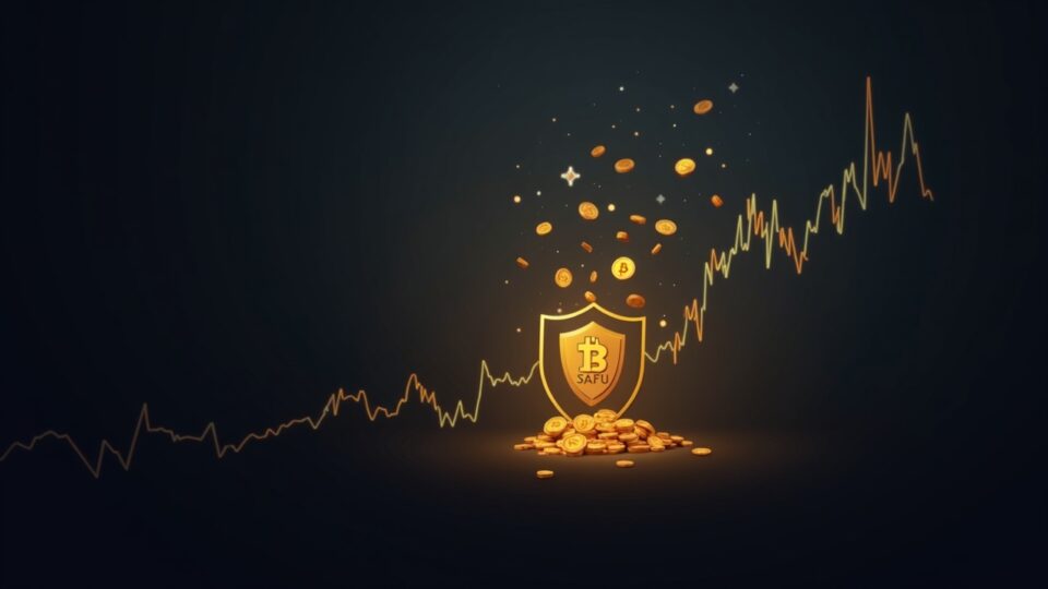 Escena de sala de prensa con la silueta de un operador, monedas BTC fluyendo desde un escudo SAFU hacia un gráfico ascendente.